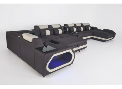 Design XXL moderno in pelle con angolo imbottito, divano ad angolo, divano letto con USB e LED.
