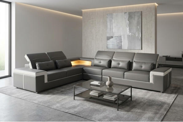Divano angolare imbottito design soggiorno divano a L-forma con USB + LED