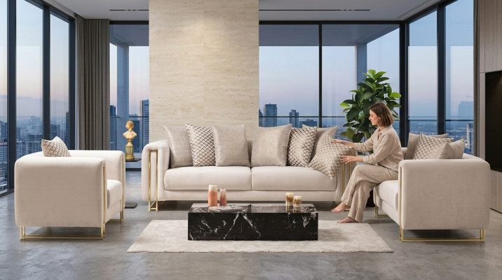 Design Tessile 3 Posti Bianco Elegante Moderno Divano Imbottito Nuovo Soggiorno