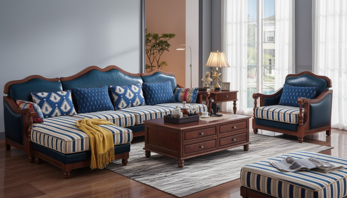 Divano ad angolo blu con poltrona stile coloniale, divano, mobili in stile antico.