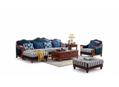 Divano ad angolo blu con poltrona stile coloniale, divano, mobili in stile antico.