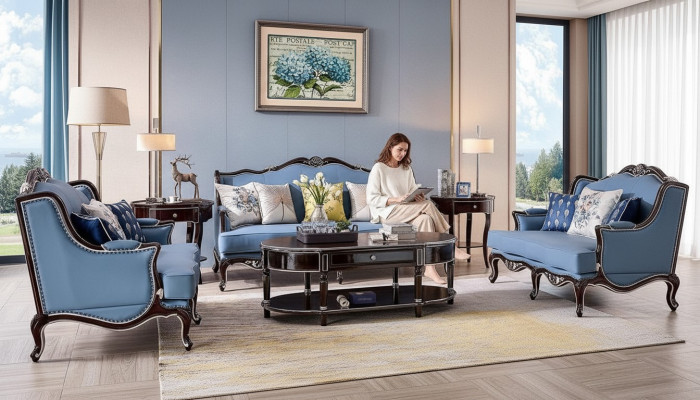Divano Chesterfield classico 3+2 posti in tessuto blu.