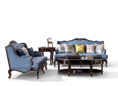 Divano Chesterfield classico 3+2 posti in tessuto blu.