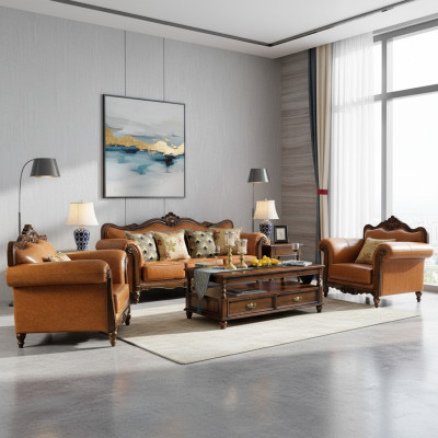 Divano set 3+1 posti in pelle arancione.