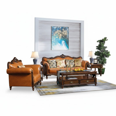 Divano set 3+1 posti in pelle arancione.