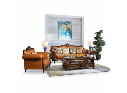 Divano set 3+1 posti in pelle arancione.