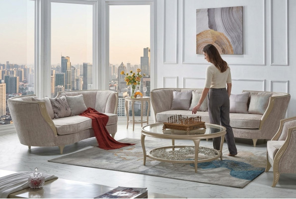 Esclusivo set divano beige 3+2 posti in tessuto di design a 2 pezzi.