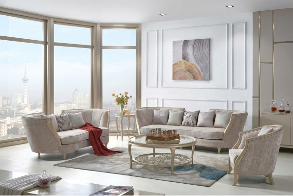 Esclusivo set divano beige 3+2 posti in tessuto di design a 2 pezzi.
