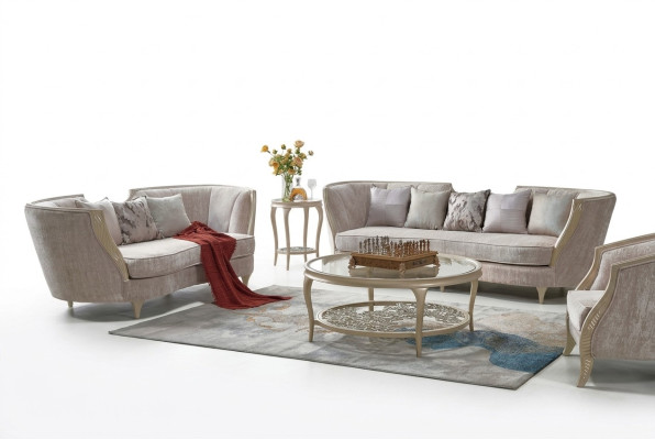 Esclusivo set divano beige 3+2 posti in tessuto di design a 2 pezzi.