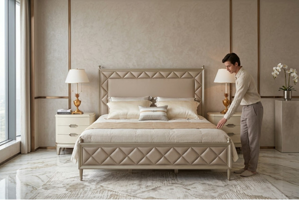Camera da letto Letto Imbottito Design Mobili di Lusso Matrimoniale Beige Letti in Pelle