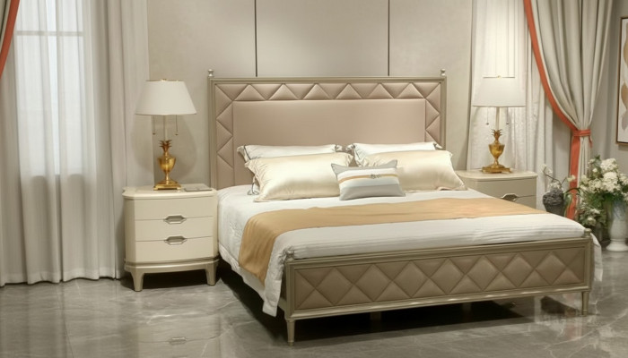 Camera da letto Letto Imbottito Design Mobili di Lusso Matrimoniale Beige Letti in Pelle