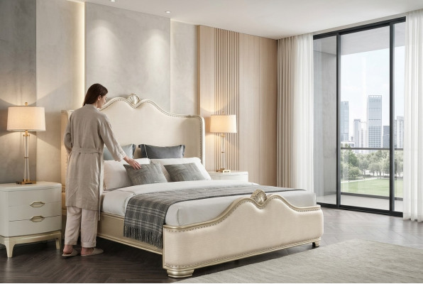 Letto 2x Comodini 3 pezzi. Camera da letto Beige Design di lusso Mobili Letti in legno