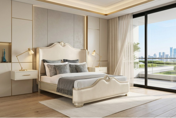 Letto 2x Comodini 3 pezzi. Camera da letto Beige Design di lusso Mobili Letti in legno
