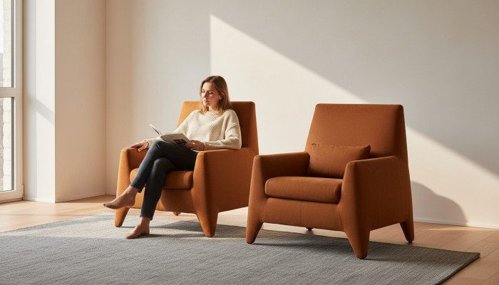 Poltrona seduta design moderno soggiorno imbottita monoposto tessuto marrone stile lusso