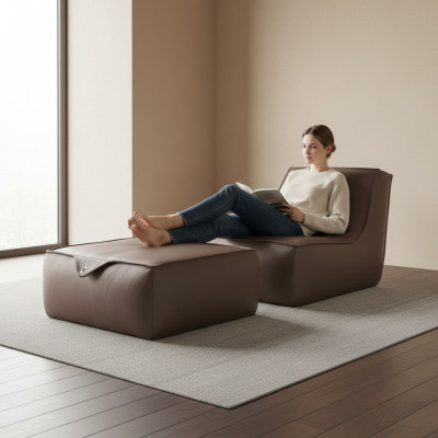 Design poltrona poggiapiedi di lusso monoposto moderna in pelle grigia del marchio Prianera.