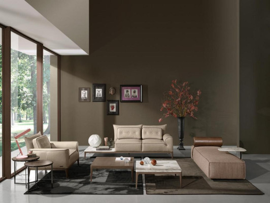 Lusso Chaiselongue Tessuto Soggiorno Design Divano Marrone Mobili Pouf Prianera