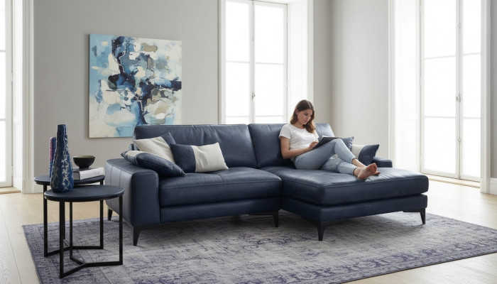 Divano ad angolo, divano, divani soggiorno in pelle di lusso, stile moderno a L, mobili blu nuovi.