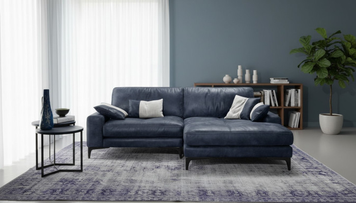 Divano ad angolo, divano, divani soggiorno in pelle di lusso, stile moderno a L, mobili blu nuovi.