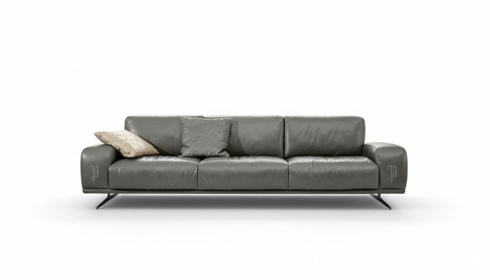 Divano 3 posti in pelle grigia di lusso per il soggiorno, design di Prianera.