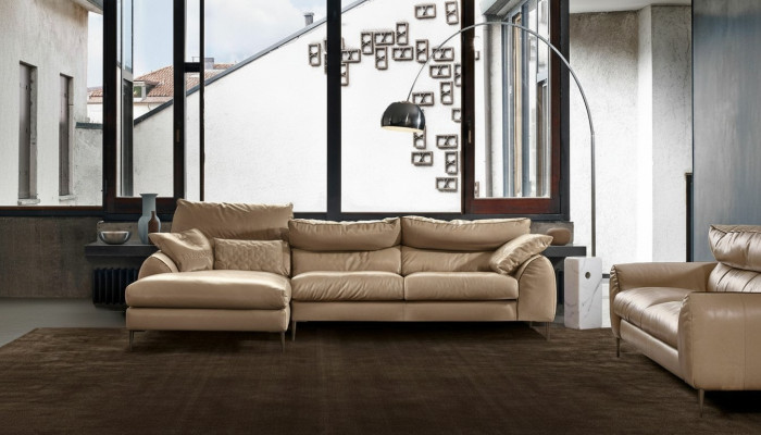 Divano ad angolo in pelle beige per soggiorno con poltrona a forma di L - Divano.
