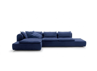 Divano angolare a L blu in tessuto per divani imbottiti.