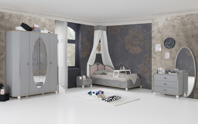 Set di design per la cameretta con letto, comodino, cassettiera, armadio 4 pezzi.