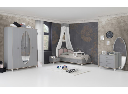 Set di design per la cameretta con letto, comodino, cassettiera, armadio 4 pezzi.