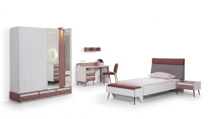 Set camera da letto per bambini 7 pezzi - Letto di lusso, comodino, cassettiera, armadio, mensola a parete