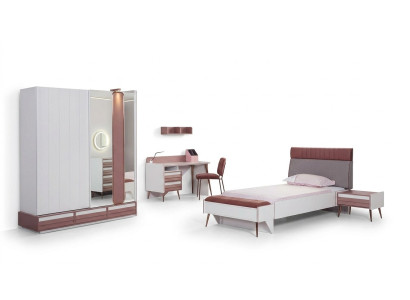 Set camera da letto per bambini 7 pezzi - Letto di lusso, comodino, cassettiera, armadio, mensola a parete