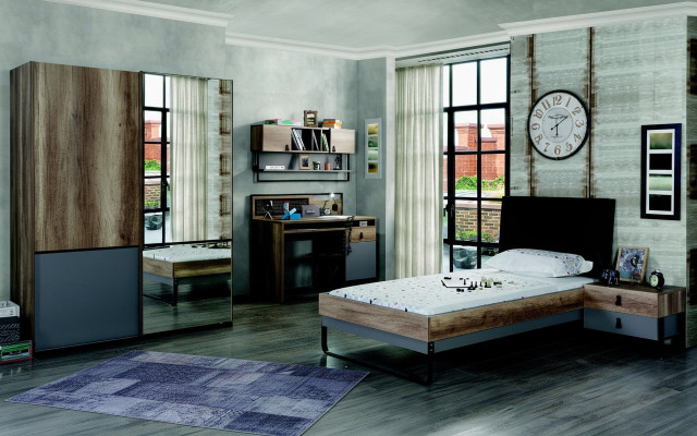 Set camera da letto moderna per ragazzi con letto, comodino, scrivania, camera da letto e scaffale a parete, 6 pezzi.