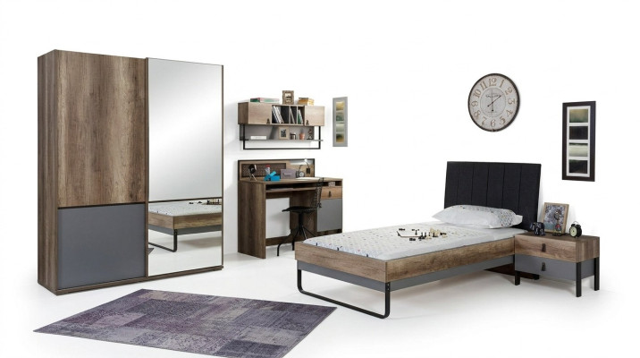 Set camera da letto moderna per ragazzi con letto, comodino, scrivania, camera da letto e scaffale a parete, 6 pezzi.