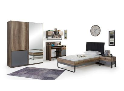 Set camera da letto moderna per ragazzi con letto, comodino, scrivania, camera da letto e scaffale a parete, 6 pezzi.