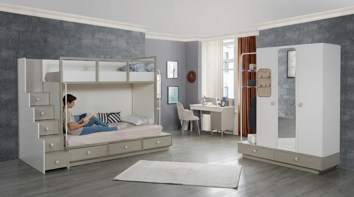 Camera da letto per bambini Set in legno Mobili Letto a castello Letto a soppalco Tavolo 3 pezzi