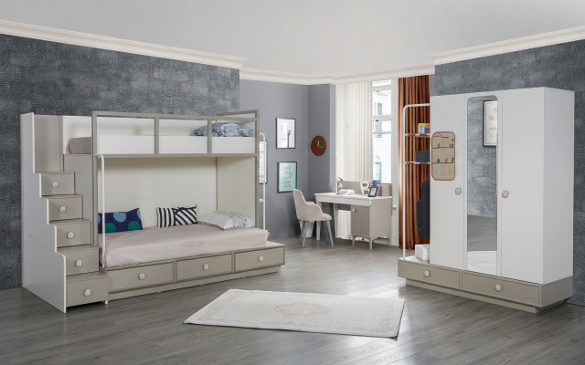 Camera da letto per bambini Set in legno Mobili Letto a castello Letto a soppalco Tavolo 3 pezzi