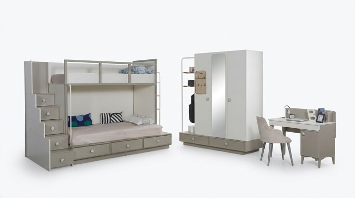 Camera da letto per bambini Set in legno Mobili Letto a castello Letto a soppalco Tavolo 3 pezzi