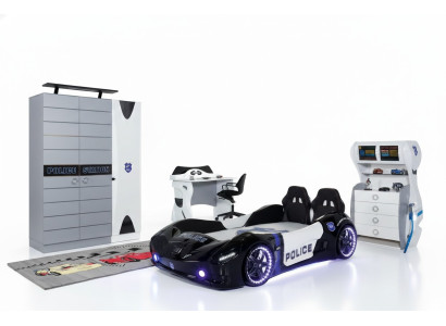Set camera da letto per bambini e adolescenti con letto a forma di auto, armadio, scrivania, 4 pezzi.