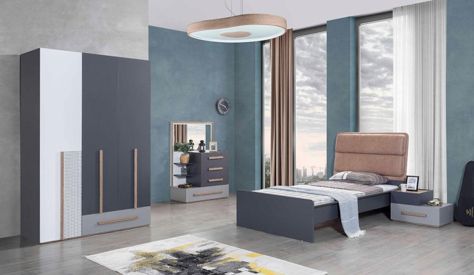 Set camera da letto per ragazzi Grigio Letto Comodino Armadio Design Nuovo 4 pezzi.
