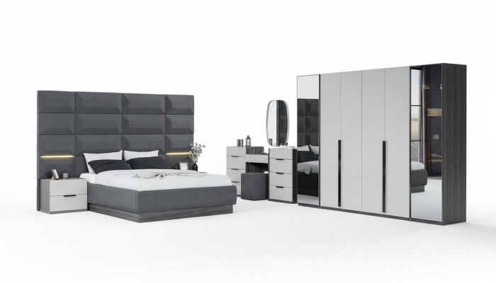Set di mobili per camera da letto completo Letto 2 comodini Tavolo trucco Specchio 5 pezzi Nuovo