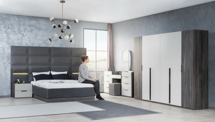 Camera da letto Letto Comodino Guardaroba Comò con specchio Set di mobili 5 pezzi