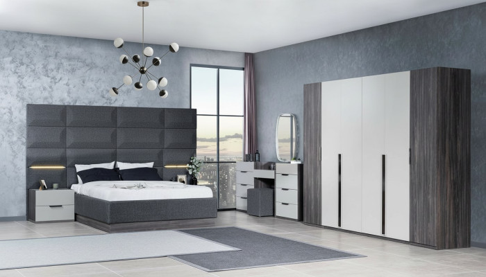 Camera da letto Letto Comodino Guardaroba Comò con specchio Set di mobili 5 pezzi