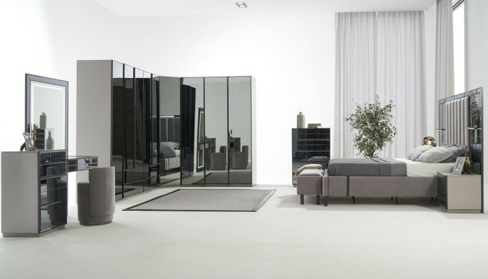 Lusso Vetro Camera da Letto Letto Comodino Armadio angolare Comò Specchio Sgabello Grigio