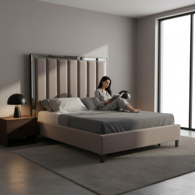Design letto imbottito per camera da letto di hotel in doppia misura in metallo color taupe nuovo.