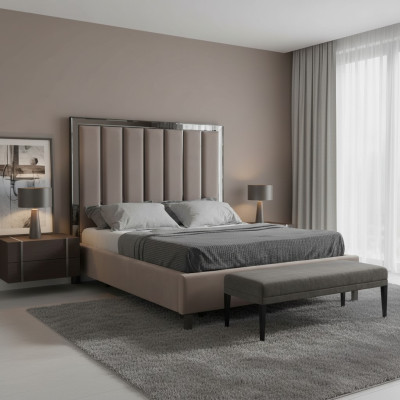 Design letto imbottito per camera da letto di hotel in doppia misura in metallo color taupe nuovo.