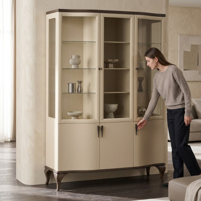 Vetrina in vetro Armadio di lusso Sideboard Vetrina Soggiorno Beige Legno Nuovo