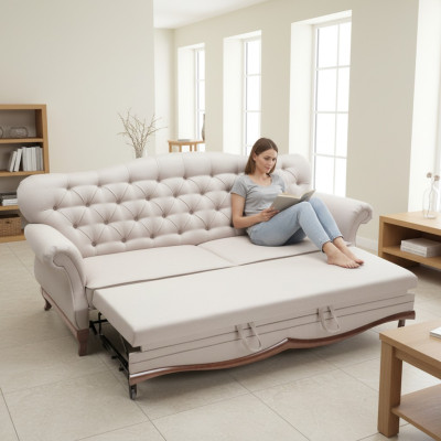 Divano letto Chesterfield con funzione letto a tre posti in tessuto.