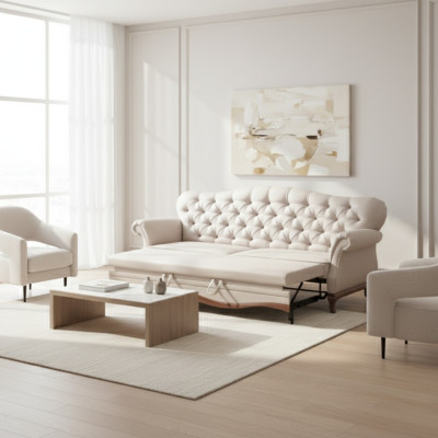 Divano letto Chesterfield con funzione letto a tre posti in tessuto.