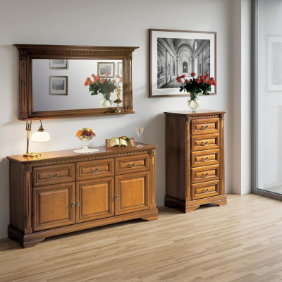 Armadio, cassettiera, specchio, materiale legno, set classico 3 pezzi marrone stile country.