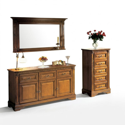 Armadio, cassettiera, specchio, materiale legno, set classico 3 pezzi marrone stile country.