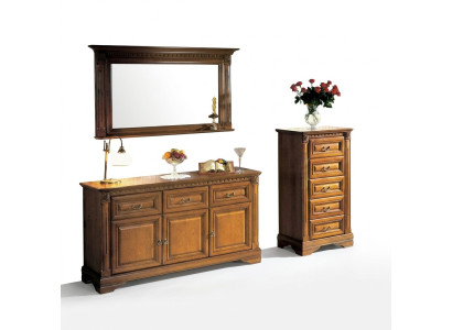 Armadio, cassettiera, specchio, materiale legno, set classico 3 pezzi marrone stile country.