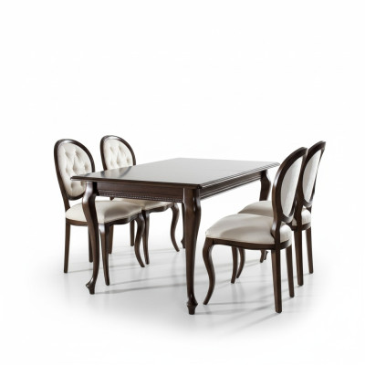 Tavolo da pranzo in legno color marrone scuro - set da 5 pezzi con sedie Chesterfield classiche in pelle.
